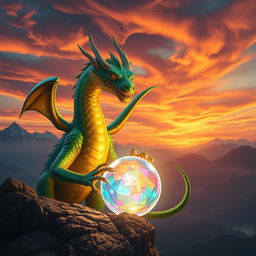 A magnificent dragon, with vibrant, shimmering scales in hues of emerald green and gold, perched on a rocky cliff