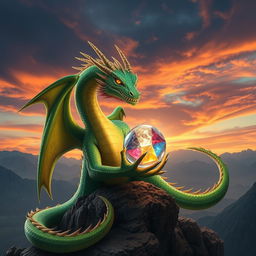 A magnificent dragon, with vibrant, shimmering scales in hues of emerald green and gold, perched on a rocky cliff