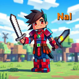 A Minecraft-inspired character named 'Nal', standing confidently in a blocky landscape filled with vibrant, pixelated trees and a blue sky