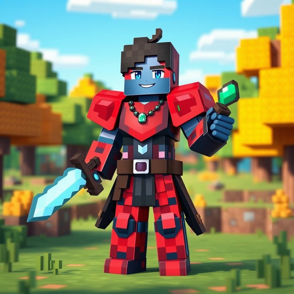 A Minecraft-inspired character named 'Nal', standing confidently in a blocky landscape filled with vibrant, pixelated trees and a blue sky