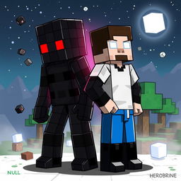Design a Minecraft character featuring Null and Herobrine, standing back to back in a dynamic pose