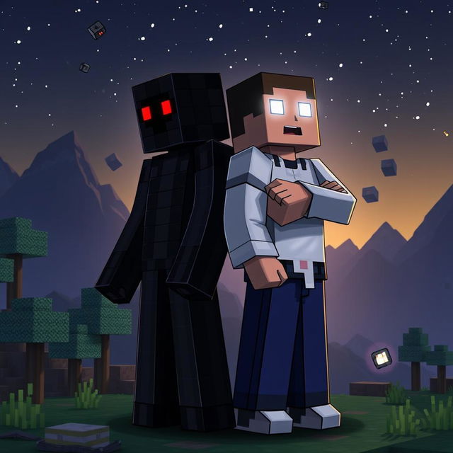 Design a Minecraft character featuring Null and Herobrine, standing back to back in a dynamic pose