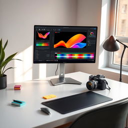 A modern photo editing scene featuring a sleek computer setup with a large monitor displaying vibrant colors and dynamic adjustments in photo editing software