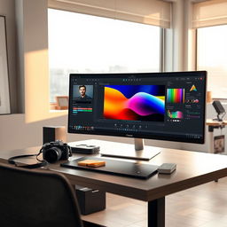 A modern photo editing scene featuring a sleek computer setup with a large monitor displaying vibrant colors and dynamic adjustments in photo editing software