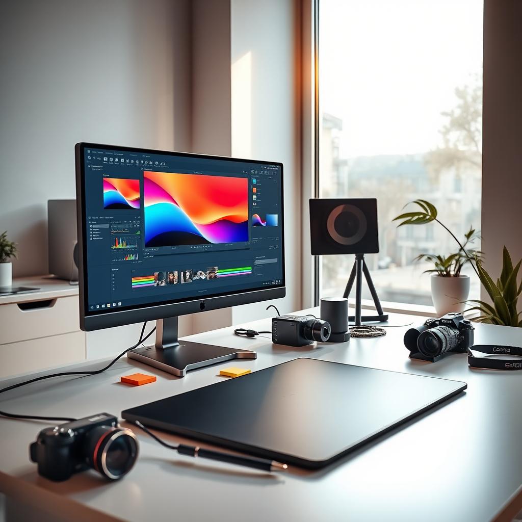 A modern photo editing scene featuring a sleek computer setup with a large monitor displaying vibrant colors and dynamic adjustments in photo editing software