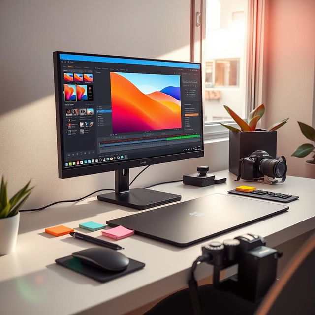 A modern photo editing scene featuring a sleek computer setup with a large monitor displaying vibrant colors and dynamic adjustments in photo editing software