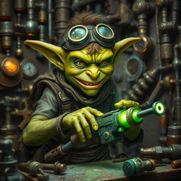 A male goblin with vibrant green skin, set in a steampunk environment, dressed in ragged and torn clothing that is stained with oil