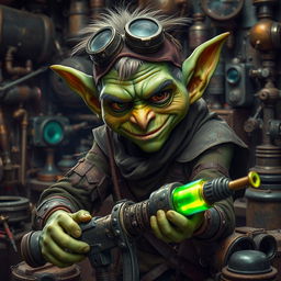 A male goblin with vibrant green skin, set in a steampunk environment, dressed in ragged and torn clothing that is stained with oil