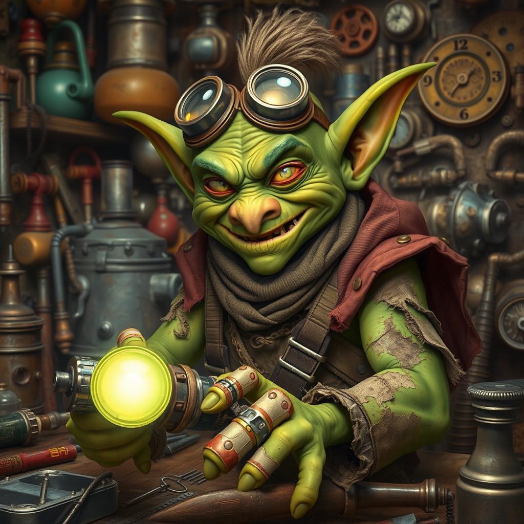 A male goblin with vibrant green skin, set in a steampunk environment, dressed in ragged and torn clothing that is stained with oil