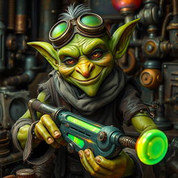 A male goblin with vibrant green skin, set in a steampunk environment, dressed in ragged and torn clothing that is stained with oil