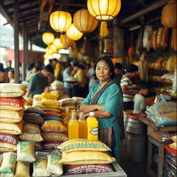 Sumiati, a seasoned female trader in a traditional market in East Java during the 1990s, confidently stands behind her neatly arranged wooden stall