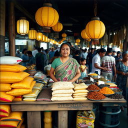 Sumiati, a seasoned female trader in a traditional market in East Java during the 1990s, confidently stands behind her neatly arranged wooden stall