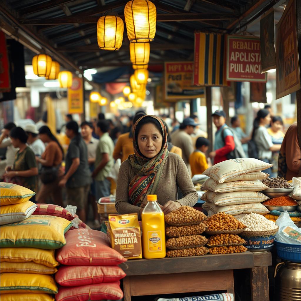 Sumiati, a seasoned female trader in a traditional market in East Java during the 1990s, confidently stands behind her neatly arranged wooden stall