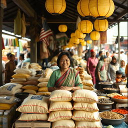 Sumiati, a seasoned female trader in a traditional market in East Java during the 1990s, confidently stands behind her neatly arranged wooden stall
