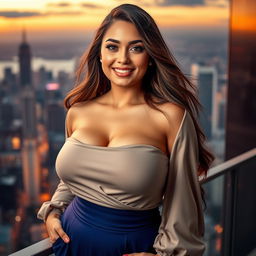 A confident 18-year-old woman with a curvy figure, showcasing her large bust in an elegant yet stylish outfit