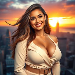 A confident 18-year-old woman with a curvy figure, showcasing her large bust in an elegant yet stylish outfit