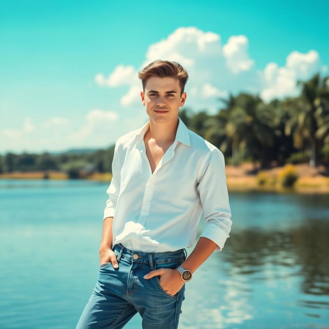 A stylish young man with white skin wearing denim jeans and a white shirt, standing by a serene lake