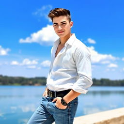 A stylish young man with white skin wearing denim jeans and a white shirt, standing by a serene lake
