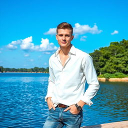 A stylish young man with white skin wearing denim jeans and a white shirt, standing by a serene lake