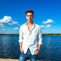 A stylish young man with white skin wearing denim jeans and a white shirt, standing by a serene lake