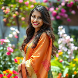 An 18-year-old woman exuding confidence and grace, showcasing her beauty in an intricately designed saree that drapes elegantly over her body
