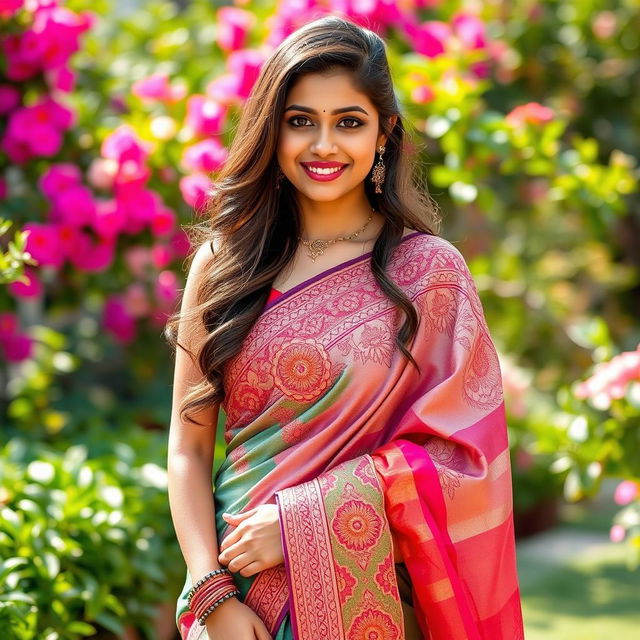 An 18-year-old woman exuding confidence and grace, showcasing her beauty in an intricately designed saree that drapes elegantly over her body