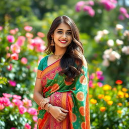 An 18-year-old woman exuding confidence and grace, showcasing her beauty in an intricately designed saree that drapes elegantly over her body