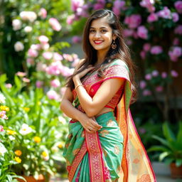 An 18-year-old woman exuding confidence and grace, showcasing her beauty in an intricately designed saree that drapes elegantly over her body