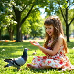 A tender scene in a sunny park where a gentle pigeon is feeding a little girl