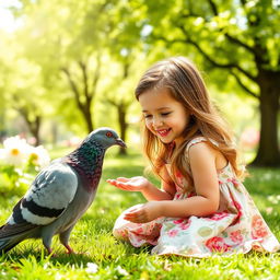 A tender scene in a sunny park where a gentle pigeon is feeding a little girl