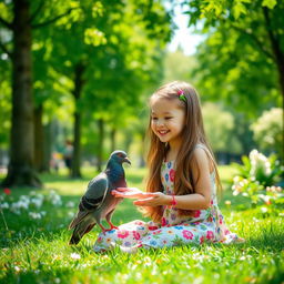 A tender scene in a sunny park where a gentle pigeon is feeding a little girl