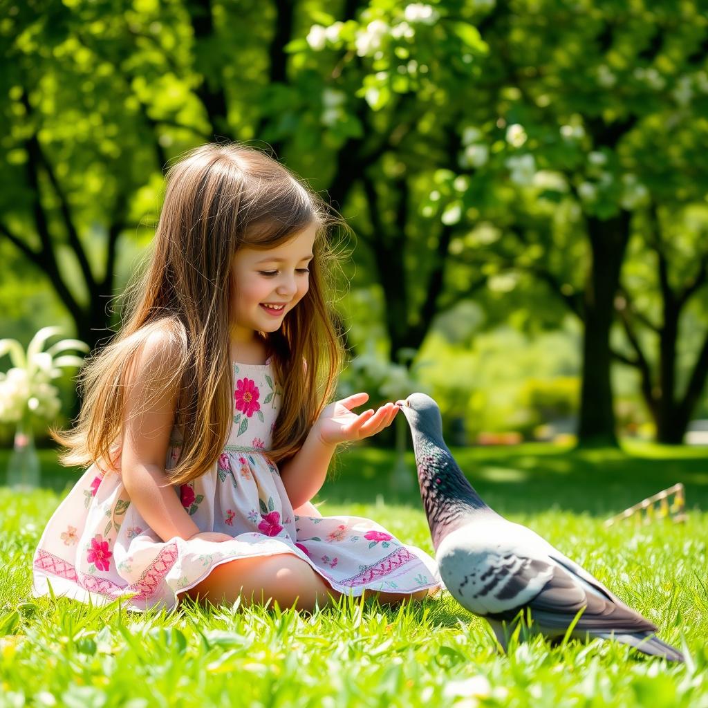 A tender scene in a sunny park where a gentle pigeon is feeding a little girl