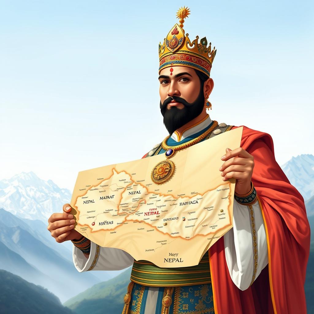 A detailed illustration of Prithvi Narayan Shah, the first King of unified Nepal, holding a realistic map of Nepal in his hand