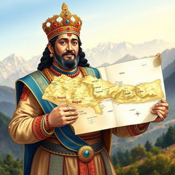A detailed illustration of Prithvi Narayan Shah, the first King of unified Nepal, holding a realistic map of Nepal in his hand