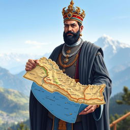 A detailed illustration of Prithvi Narayan Shah, the first King of unified Nepal, holding a realistic map of Nepal in his hand