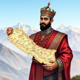 A detailed illustration of Prithvi Narayan Shah, the first King of unified Nepal, holding a realistic map of Nepal in his hand