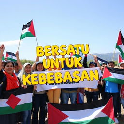 A joyful scene of Palestinian citizens celebrating their freedom, with bright smiles and vibrant attire, holding banners and flags that represent unity and hope