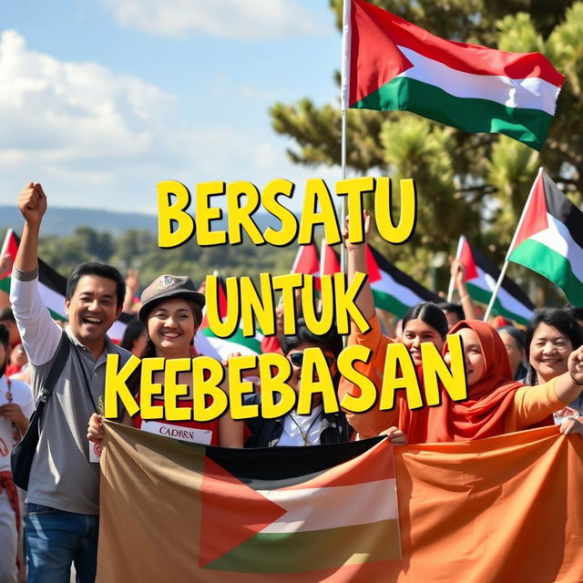 A joyful scene of Palestinian citizens celebrating their freedom, with bright smiles and vibrant attire, holding banners and flags that represent unity and hope