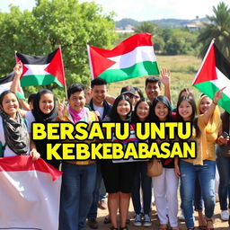 A joyful scene of Palestinian citizens celebrating their freedom, with bright smiles and vibrant attire, holding banners and flags that represent unity and hope