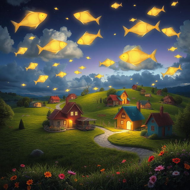 A surreal village scene set under a whimsical sky filled with fish-shaped stars swimming gracefully among the clouds