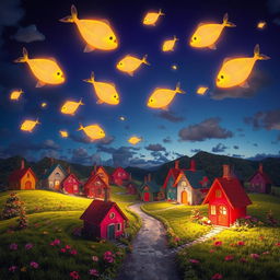 A surreal village scene set under a whimsical sky filled with fish-shaped stars swimming gracefully among the clouds