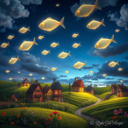 A surreal village scene set under a whimsical sky filled with fish-shaped stars swimming gracefully among the clouds
