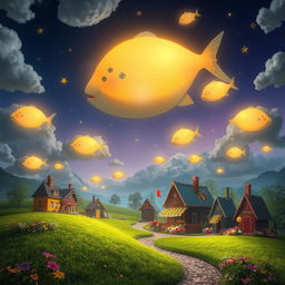 A surreal village scene set under a whimsical sky filled with fish-shaped stars swimming gracefully among the clouds