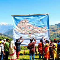 A vibrant and lively scene featuring a detailed map of Nepal displayed on a large canvas in an outdoor setting