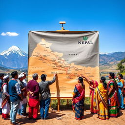 A vibrant and lively scene featuring a detailed map of Nepal displayed on a large canvas in an outdoor setting