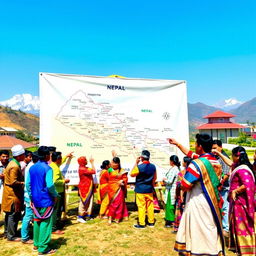 A vibrant and lively scene featuring a detailed map of Nepal displayed on a large canvas in an outdoor setting