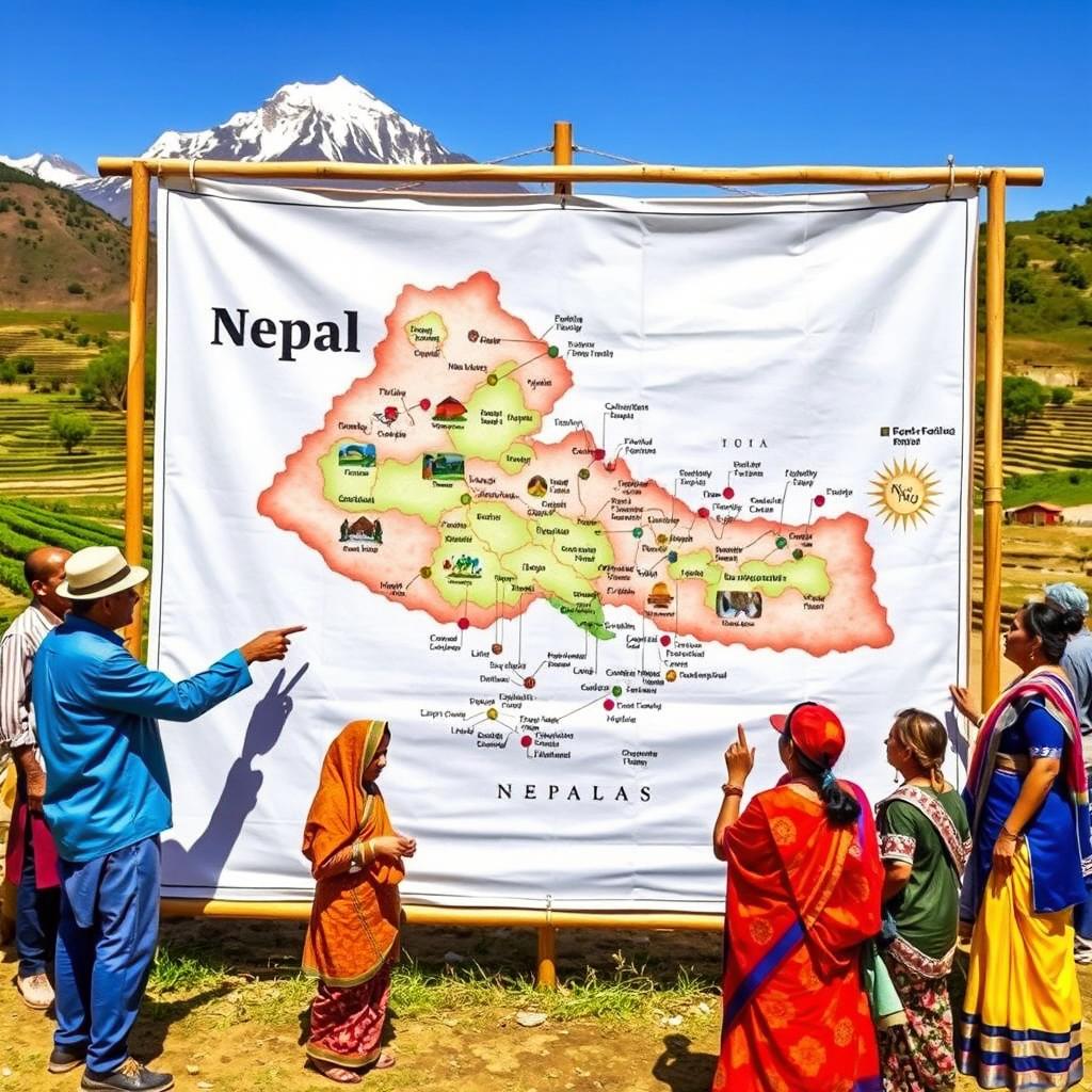 A vibrant and lively scene featuring a detailed map of Nepal displayed on a large canvas in an outdoor setting