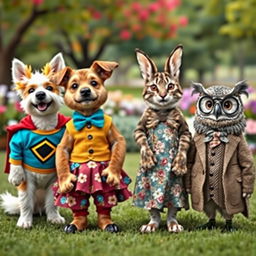 A collection of adorable animals dressed in various outfits, showcasing a range of colorful and unique clothing styles