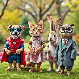 A collection of adorable animals dressed in various outfits, showcasing a range of colorful and unique clothing styles