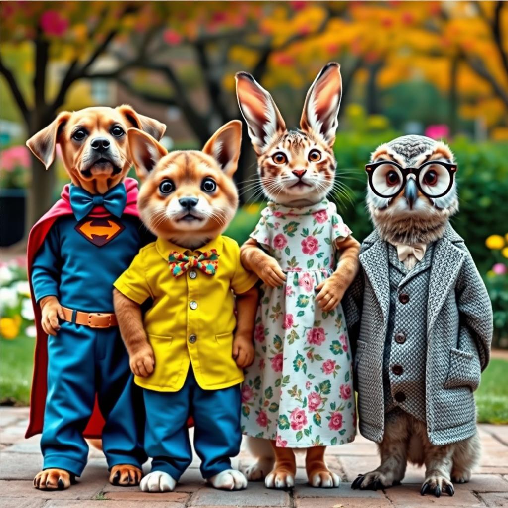 A collection of adorable animals dressed in various outfits, showcasing a range of colorful and unique clothing styles